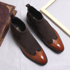 Men's Chelsea dress boots, brown leather with brogue accents and elastic side gusset