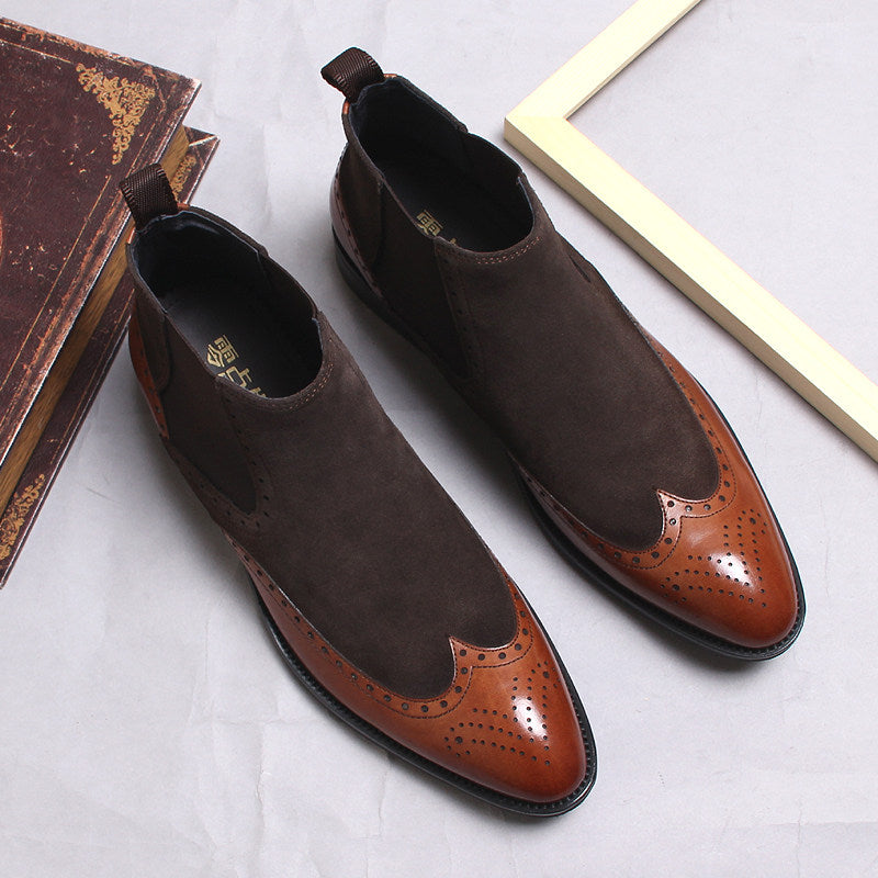 Men's Chelsea dress boots, brown leather with brogue accents and elastic side gusset