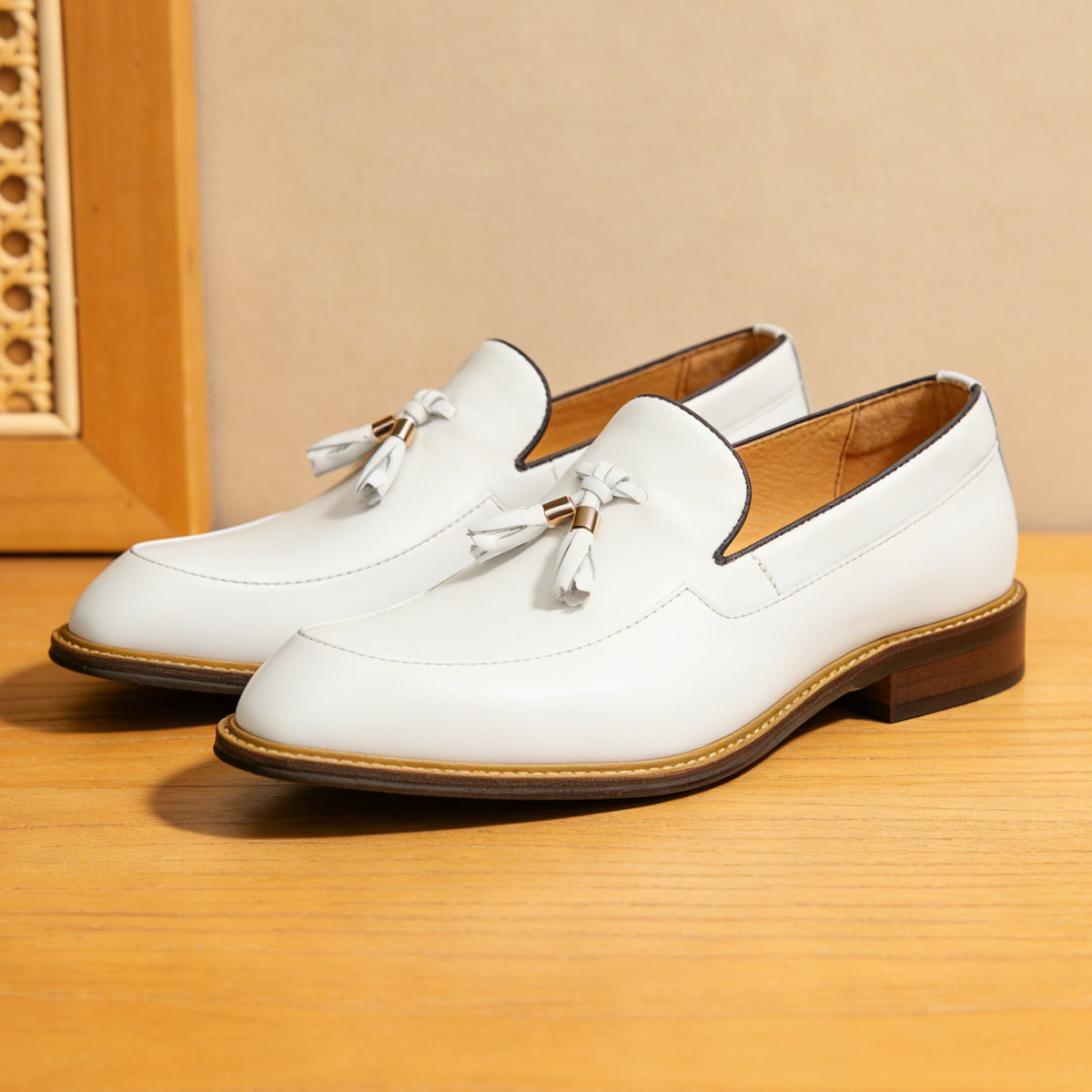 Men's White Tassel Platform Leather Casual Dress Loafers