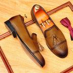 Men's Cap Toe Carved Tassel Pointed Leather Loafers