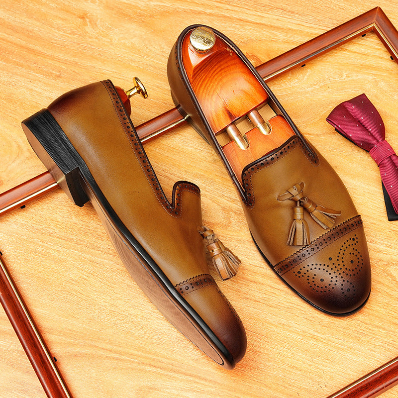 Men's Cap Toe Carved Tassel Pointed Leather Loafers