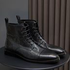 Cap Toe Leather Side-Zip Lace-Up Boots for Men