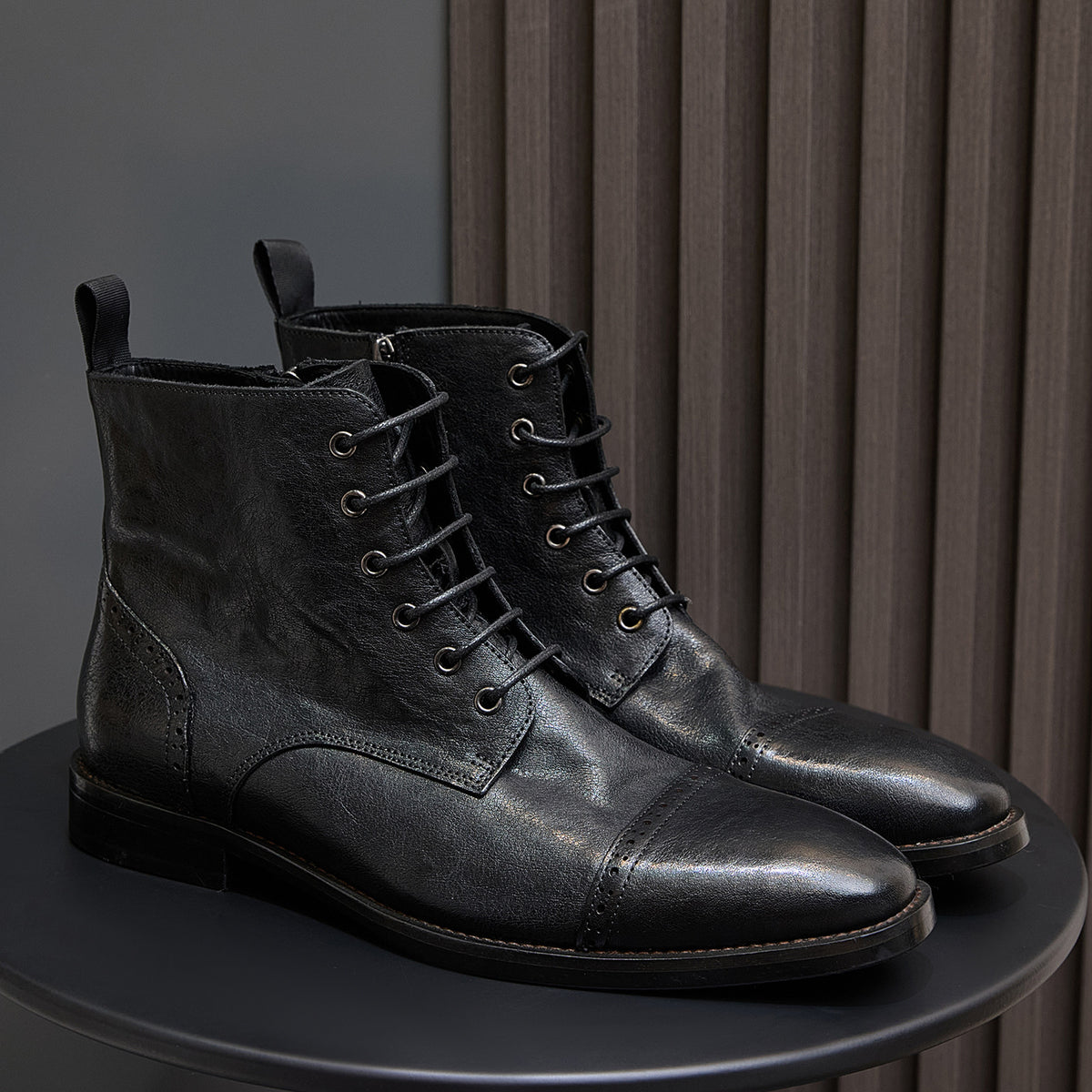 Cap Toe Leather Side-Zip Lace-Up Boots for Men