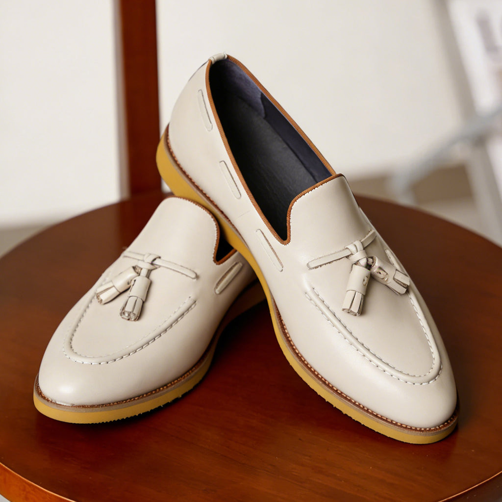 Men's Beige Elastic-Gore Leather Tassel Dress Loafers