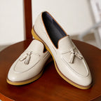 Men's Beige Elastic-Gore Leather Tassel Dress Loafers