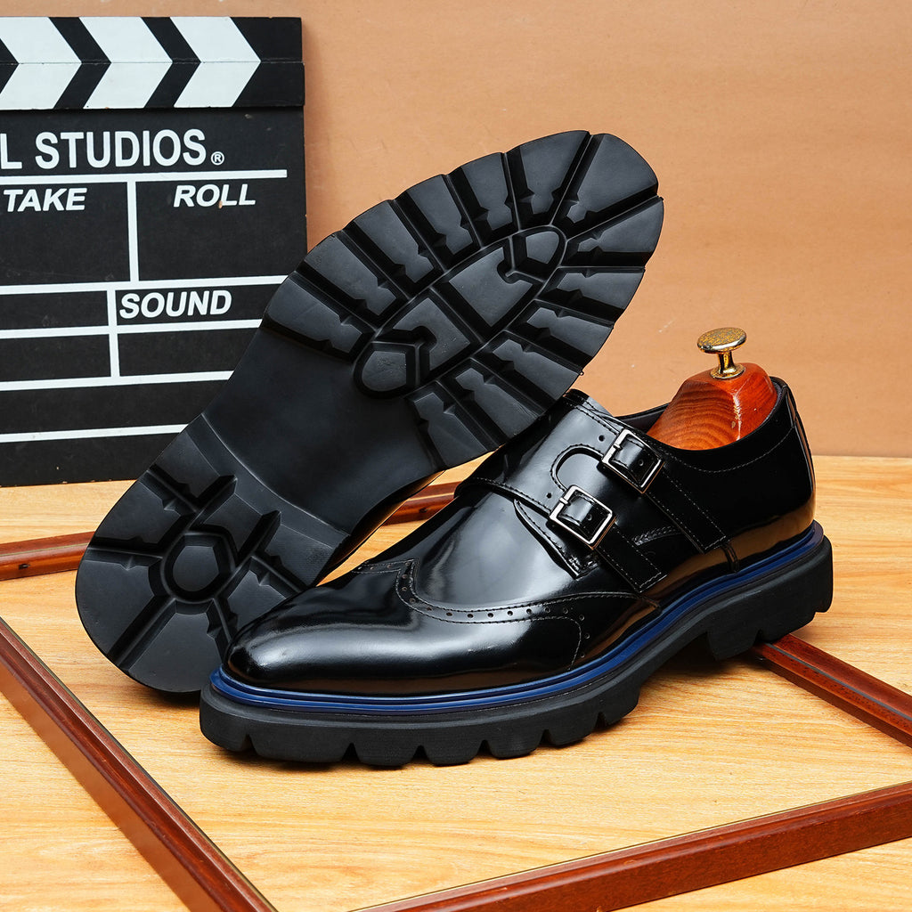 Men's Black Burgundy Double Monk Strap Leather Formal Shoes