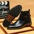 Men's Pointed Toe Buckle Leather Side-Zip Dress Boots