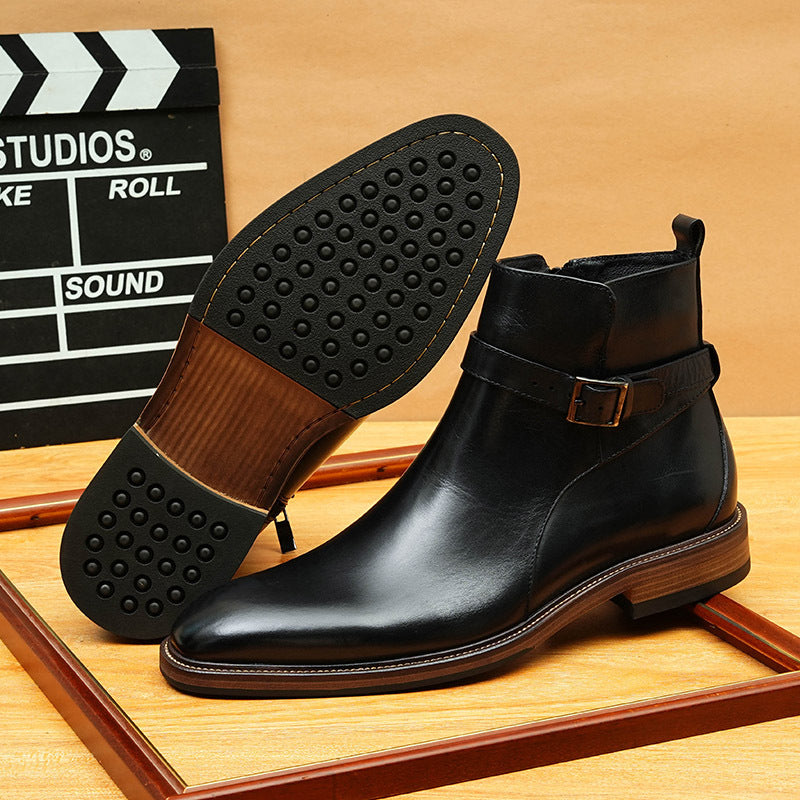 Men's Pointed Toe Buckle Leather Side-Zip Dress Boots