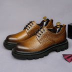 Men's pointed-toe leather derby dress shoes, dark brown, lace-up with chunky sole