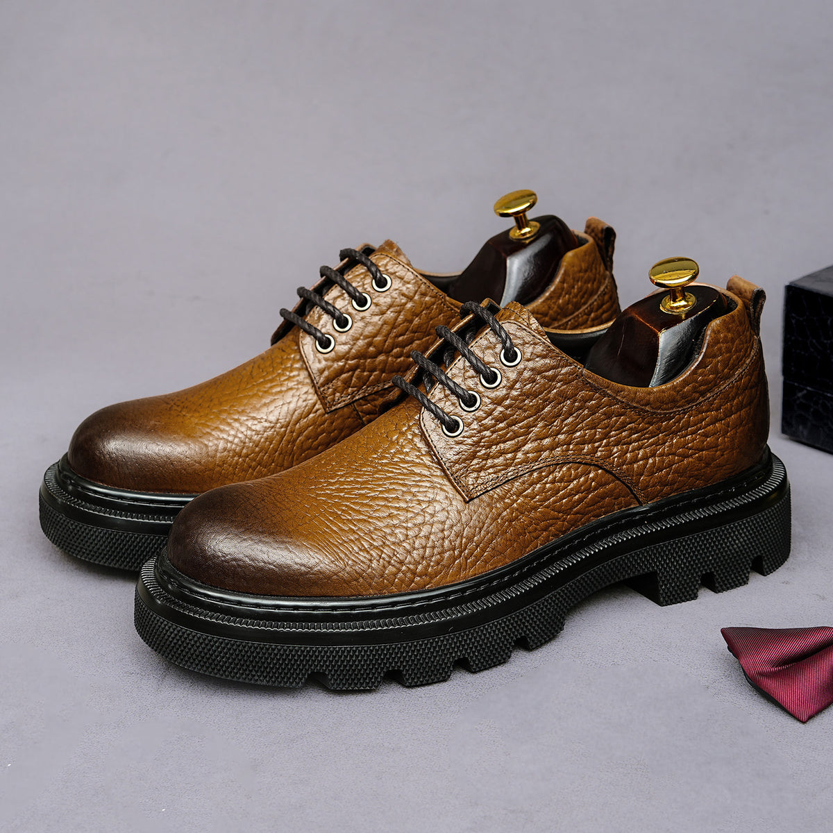 Men's pointed-toe leather derby dress shoes, dark brown, lace-up with chunky sole
