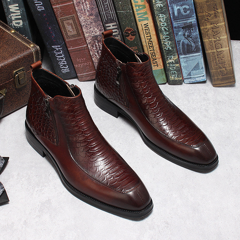 Men's burgundy leather dress boots with side zip, embossed finish, thick sole