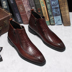 Men's burgundy leather dress boots with side zip, embossed finish, thick sole