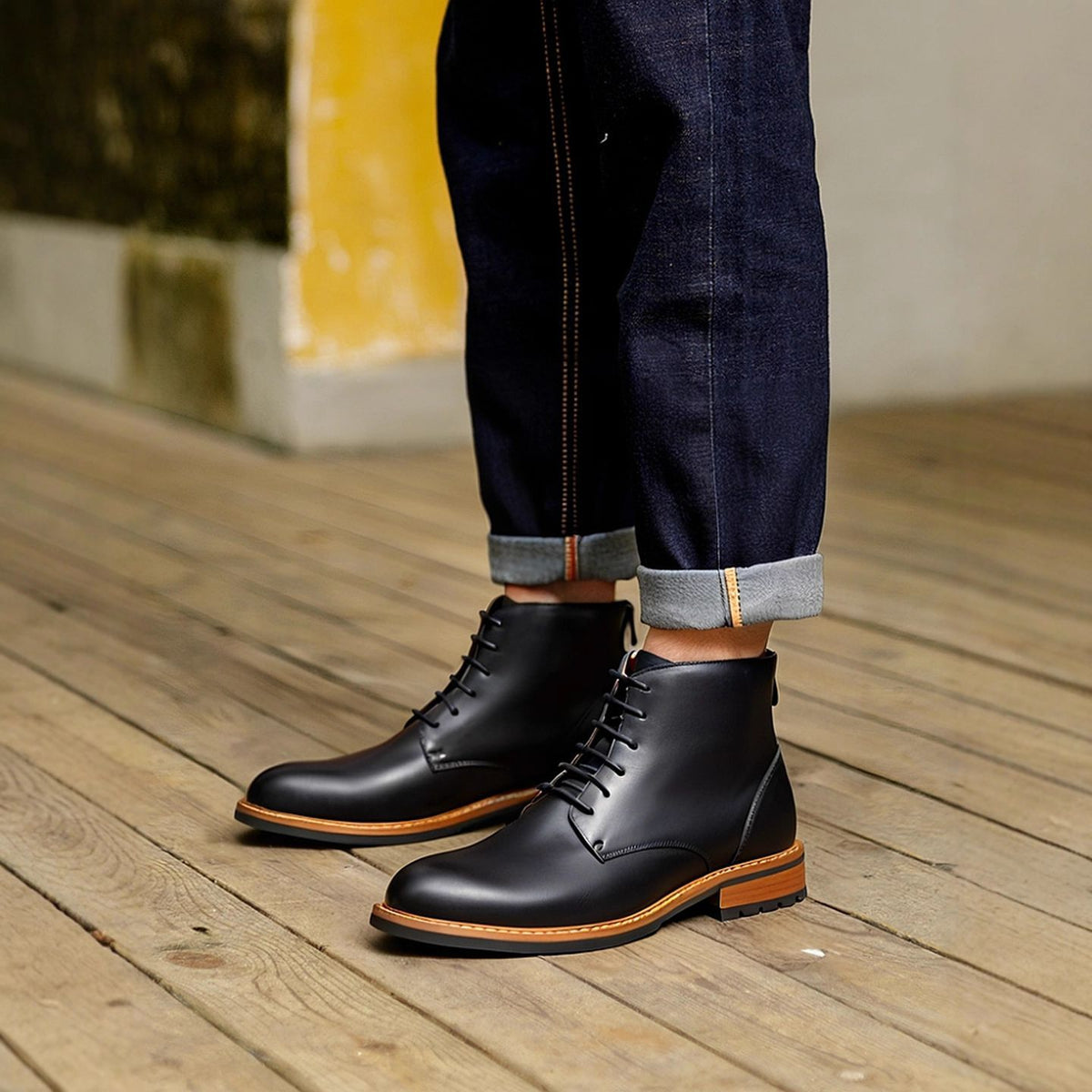 Black leather lace-up side-zip ankle boots worn with dark jeans cuffs