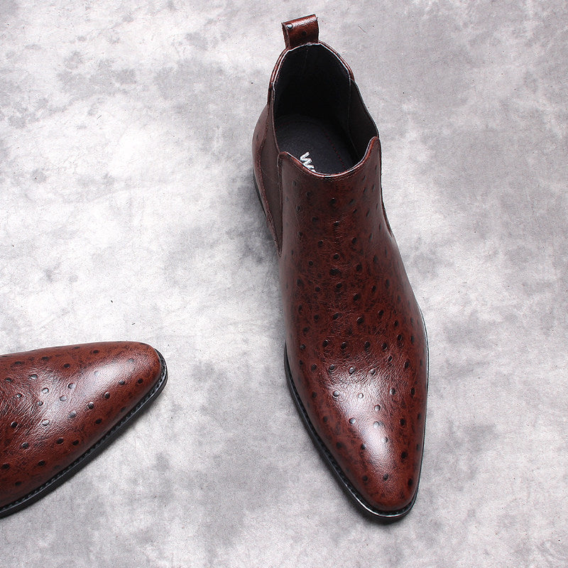 Dark brown leather slip-on Chelsea boot with elastic gore and rounded toe