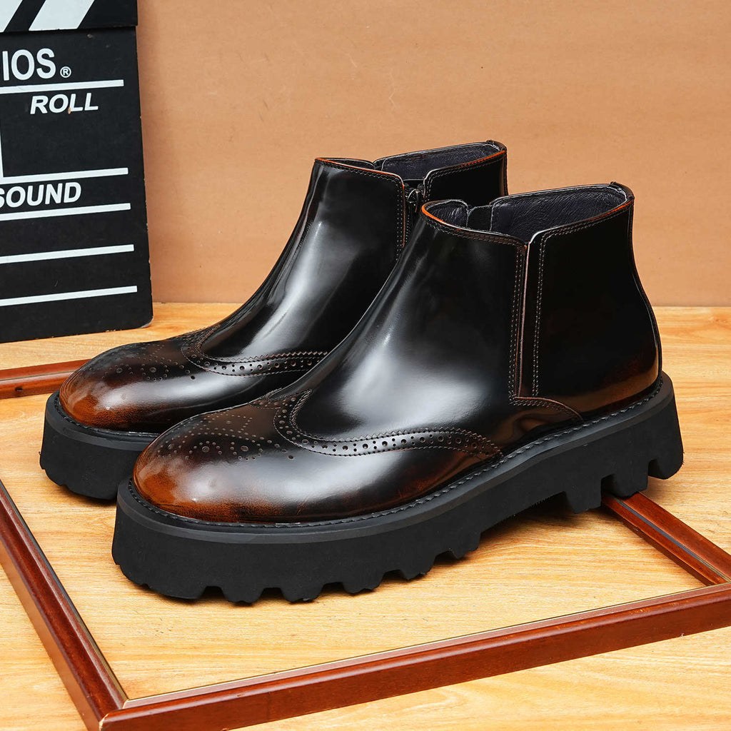 Men's Round Toe Brogue Thick Sole Leather Zip Boots