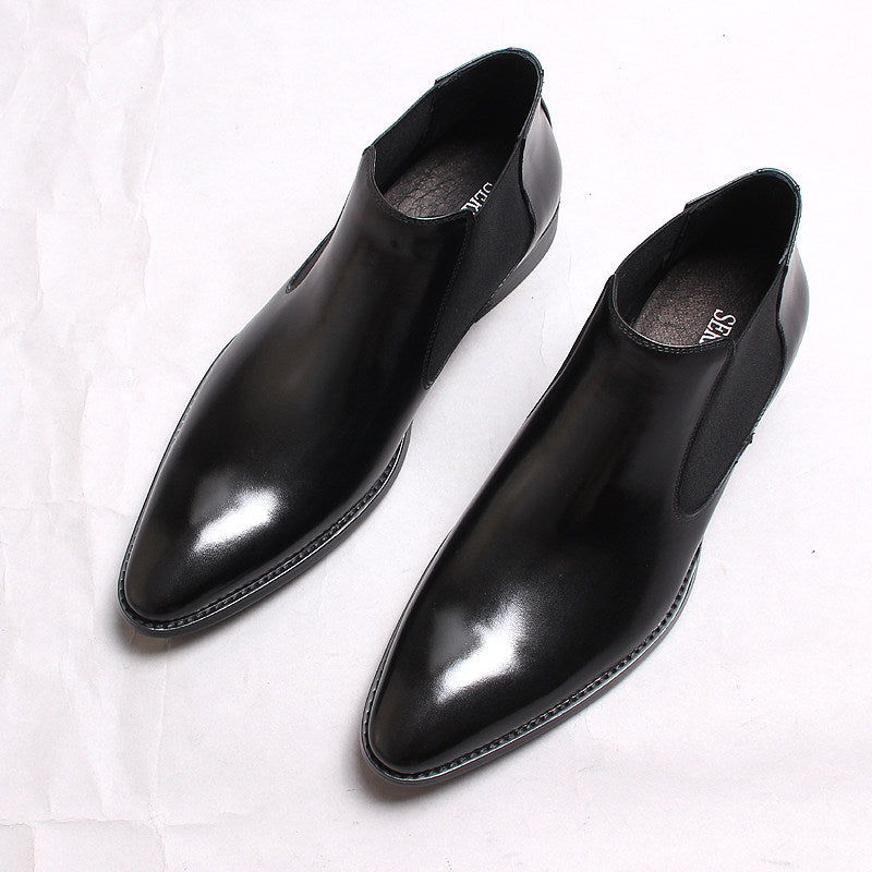Men's genuine leather slip-on Chelsea dress boots, black, side elastic panels