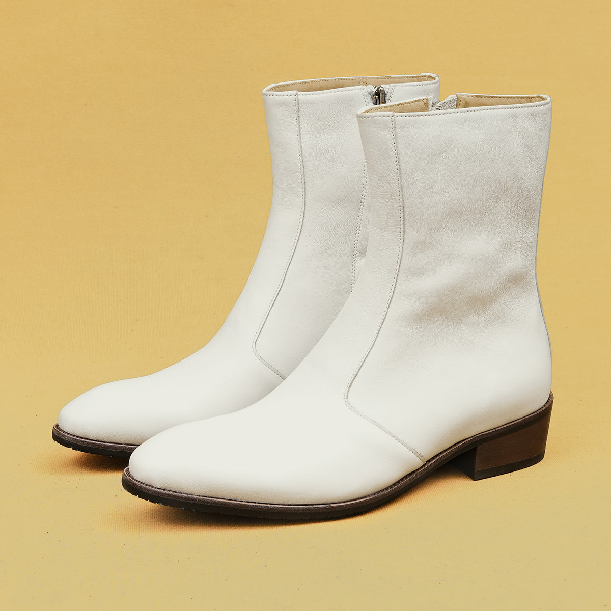 Men's white leather side-zip dress boots with thick sole and stacked heel