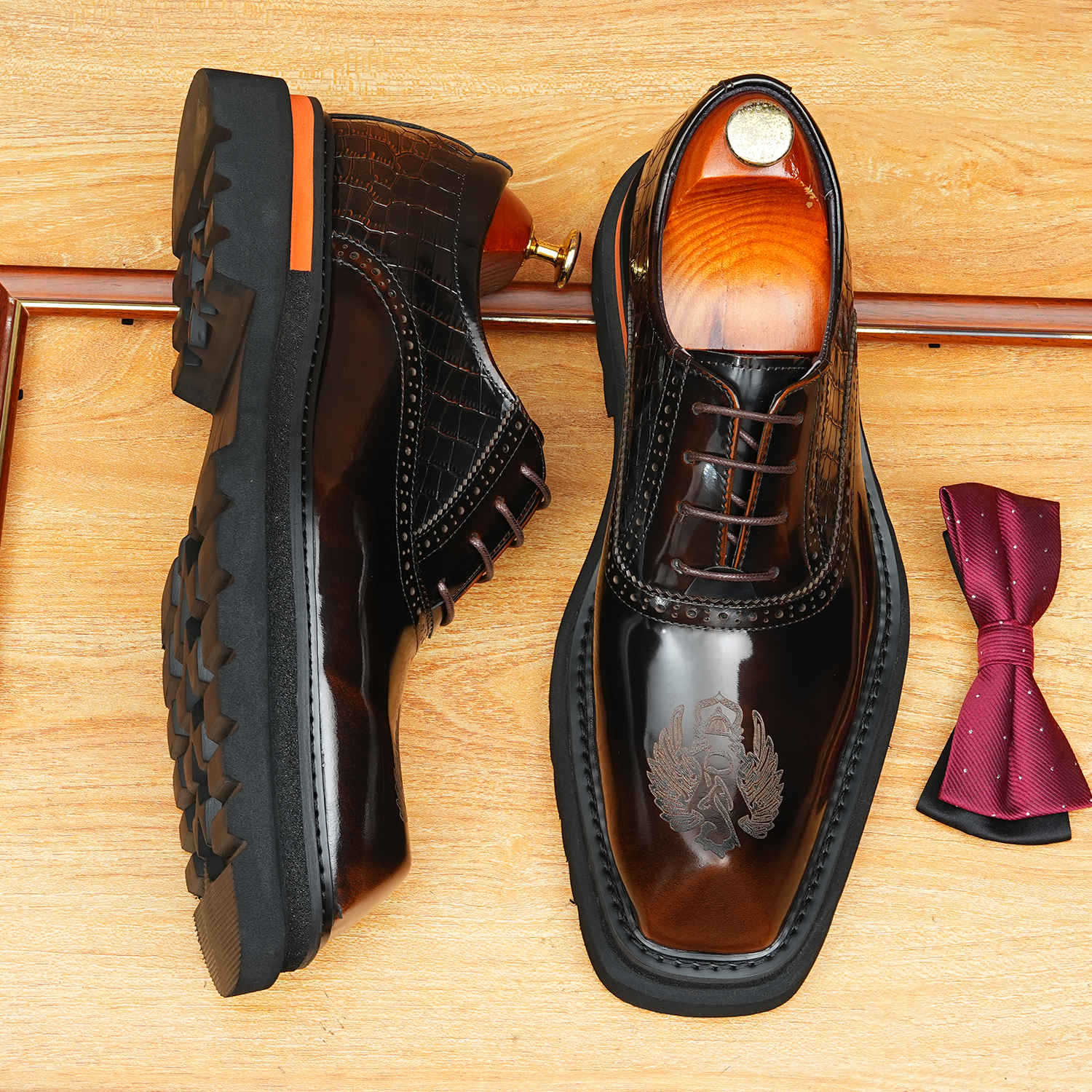 Dark Brown Chunky Sole Genuine Leather Oxford Shoes for Business