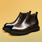 Men's dark brown leather chelsea dress boots with elastic side panels and lug sole