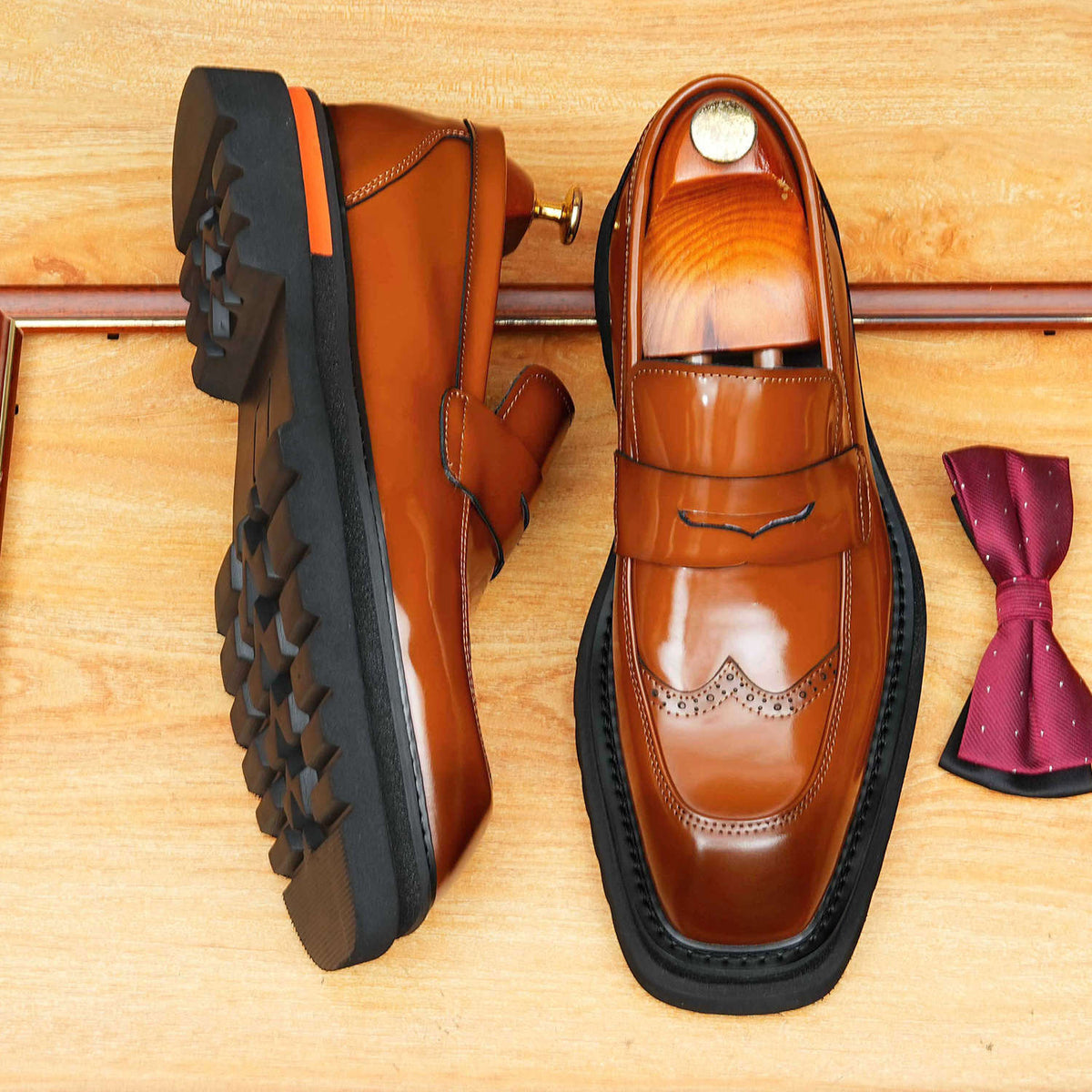 Men's Square Toe Brogue Platform Leather Loafers