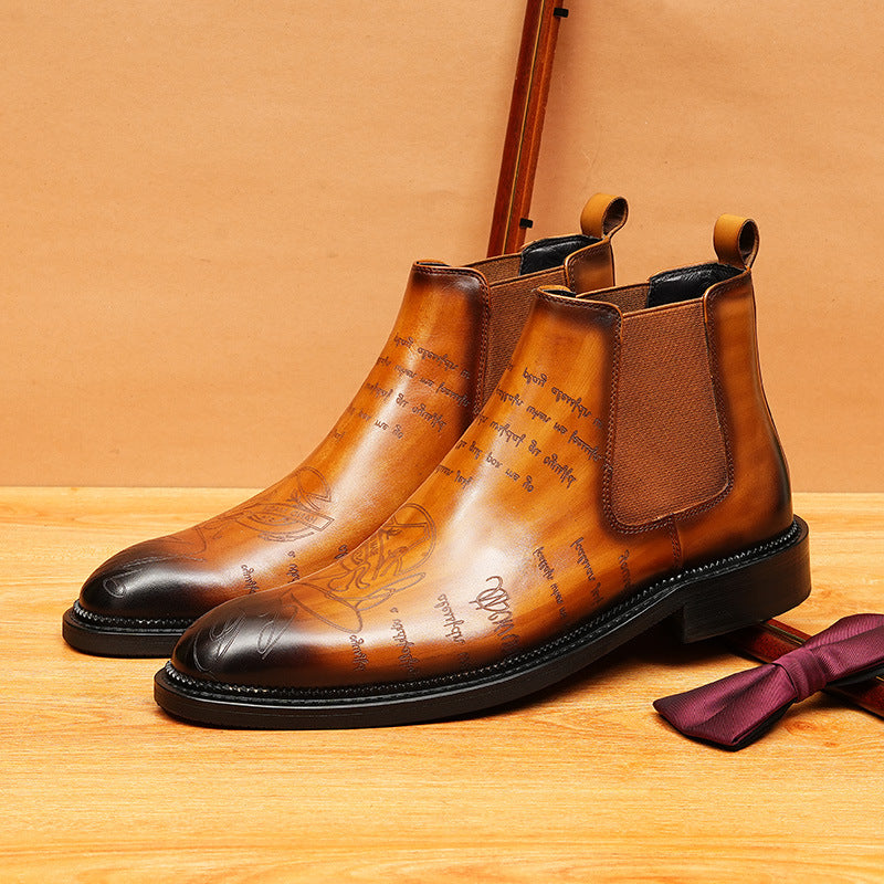 Men's Fashion Script Engraved Slip-On Chelsea Boots