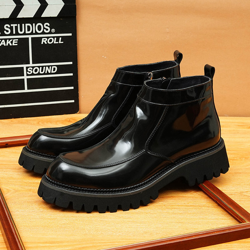 Men's Round Toe Platform Leather Side-Zip Dress Boots