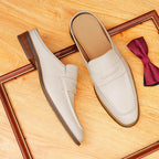 Men's Beige Pointed Toe Leather Mule Loafers