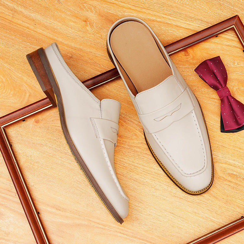 Men's Beige Pointed Toe Leather Mule Loafers