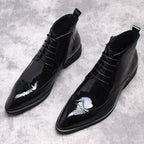 Black leather dress boots with side zip and thick sole, glossy finish