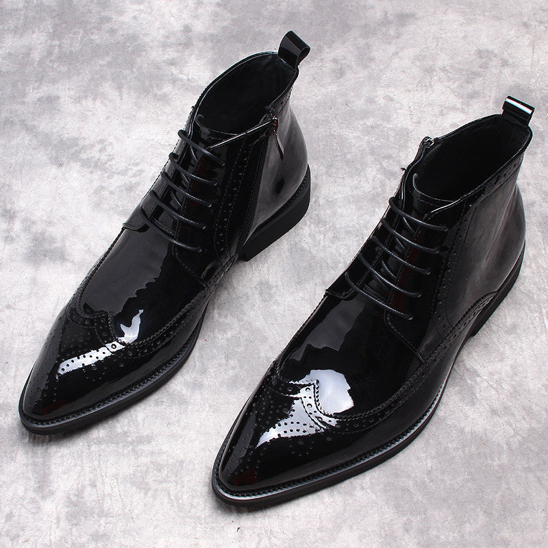 Black leather dress boots with side zip and thick sole, glossy finish