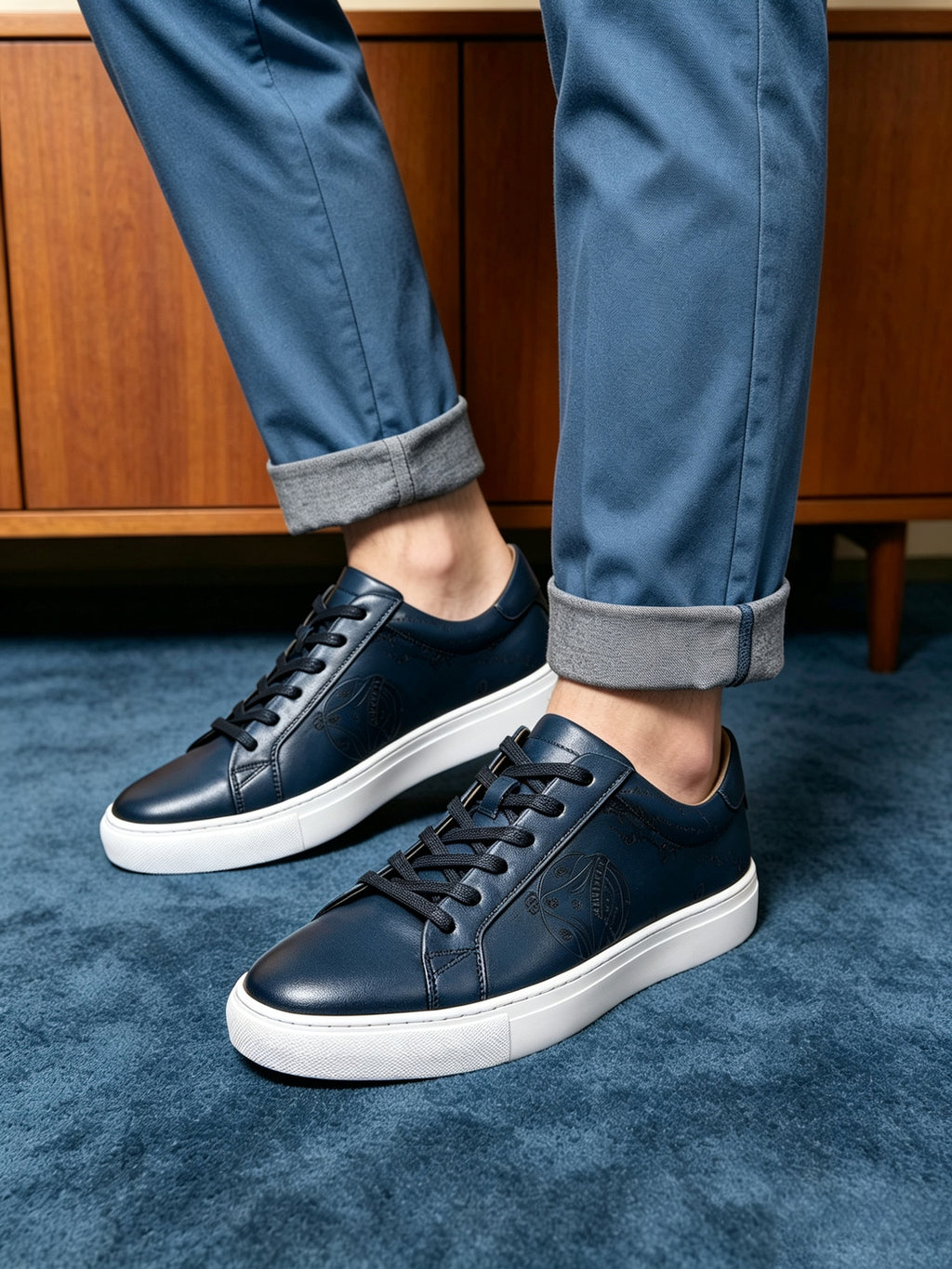 Men's leather sneakers, dark blue with white soles and lace-up design