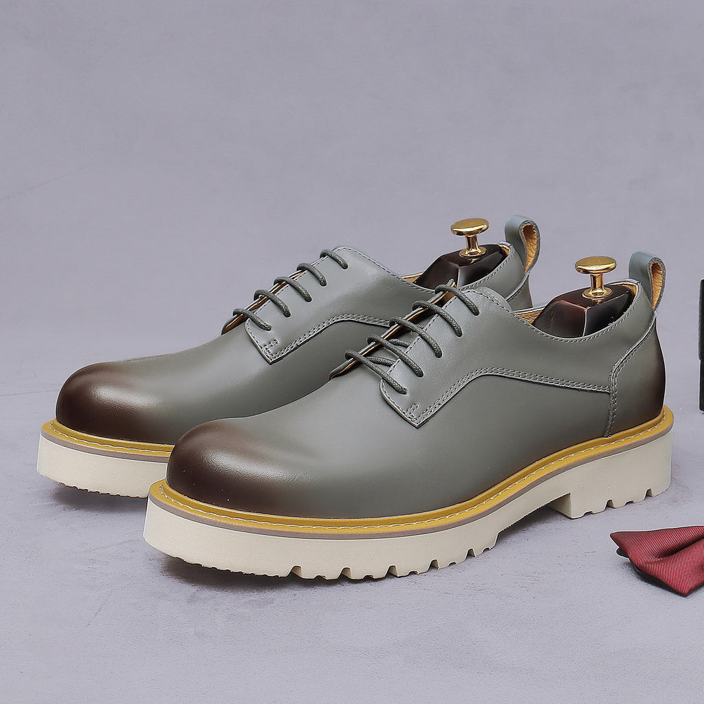Men's pointed-toe leather derby dress shoes, gray leather, lace-up with rugged sole