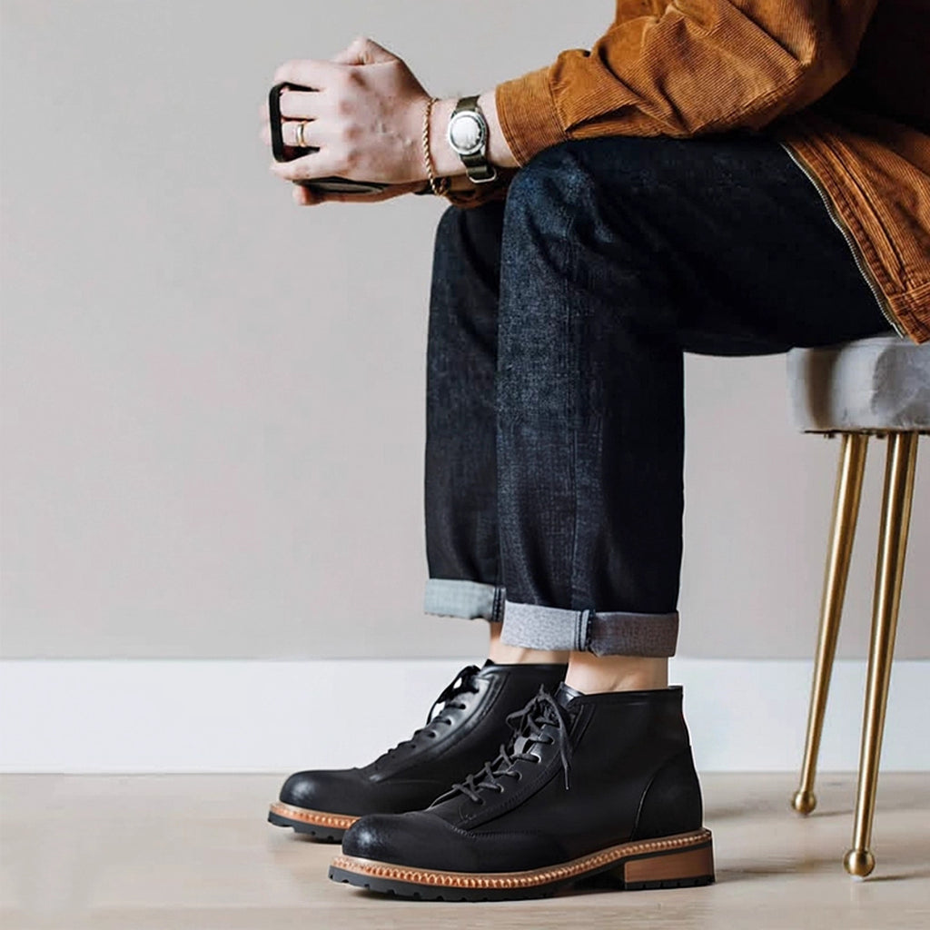 Men's Leather Textured Cap Toe Lug Sole Lace-Up Boots