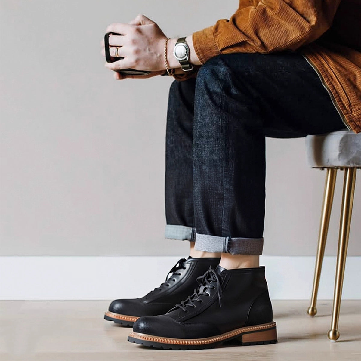 Men's Leather Textured Cap Toe Lug Sole Lace-Up Boots
