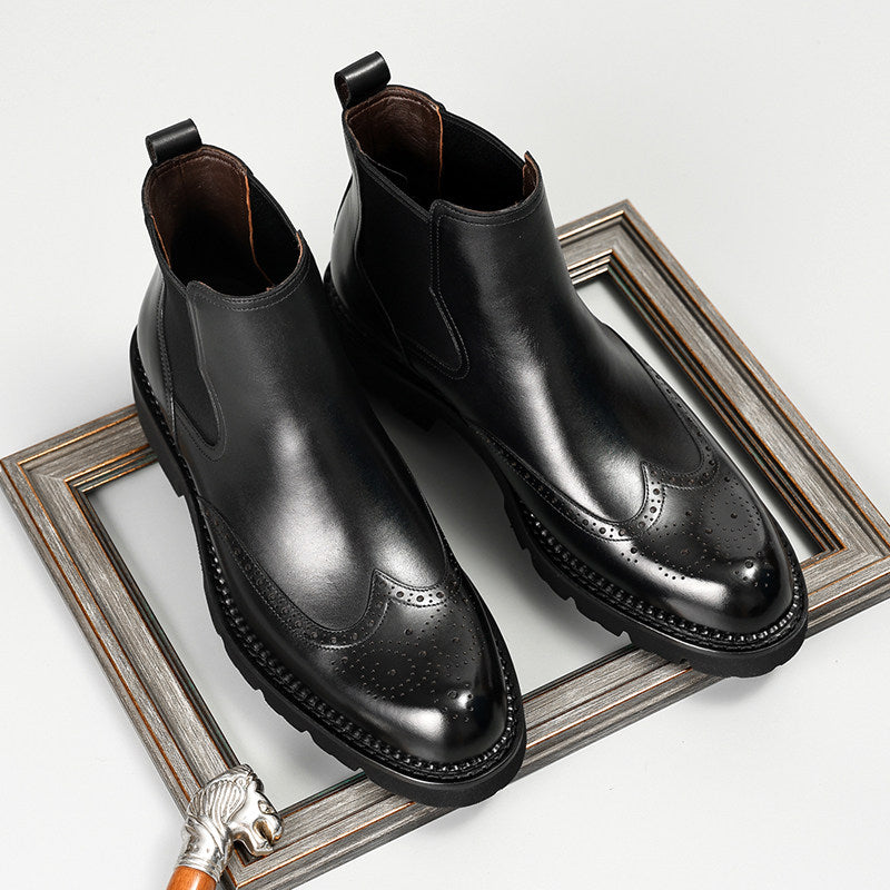 Men's genuine leather black Chelsea dress boots, slip-on with elastic gore and brogue detailing
