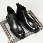 Men's genuine leather black Chelsea dress boots, slip-on with elastic gore and brogue detailing