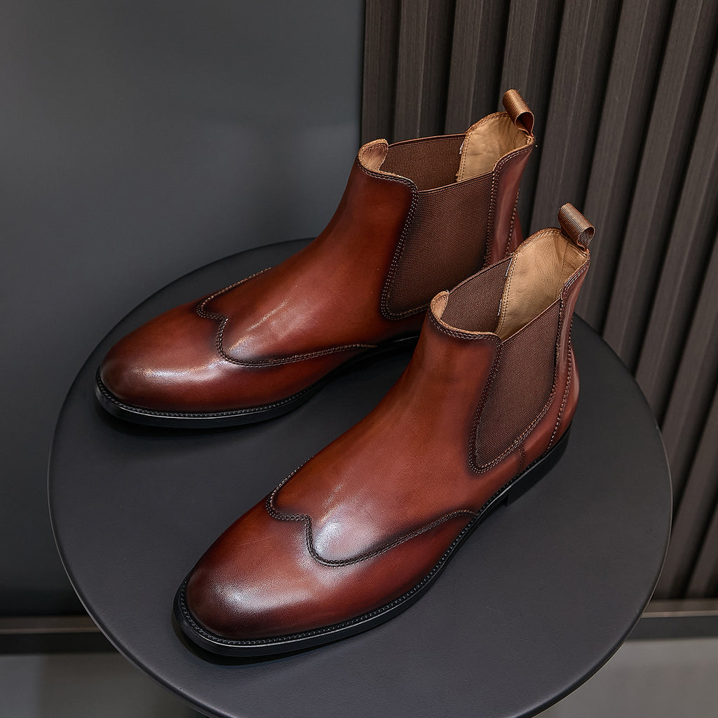 Men's pointed-toe Chelsea dress boots in dark brown, with elastic side panels and black soles