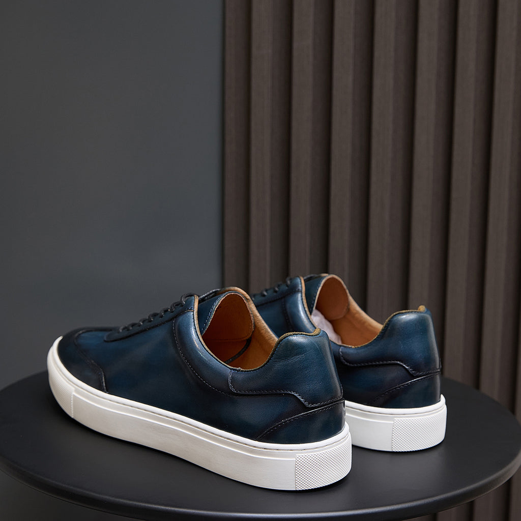 Men's genuine leather sneakers, blue lace-up with white rubber sole