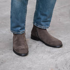 Men's pointed-toe leather side-zip dress boots, dark gray suede with black sole