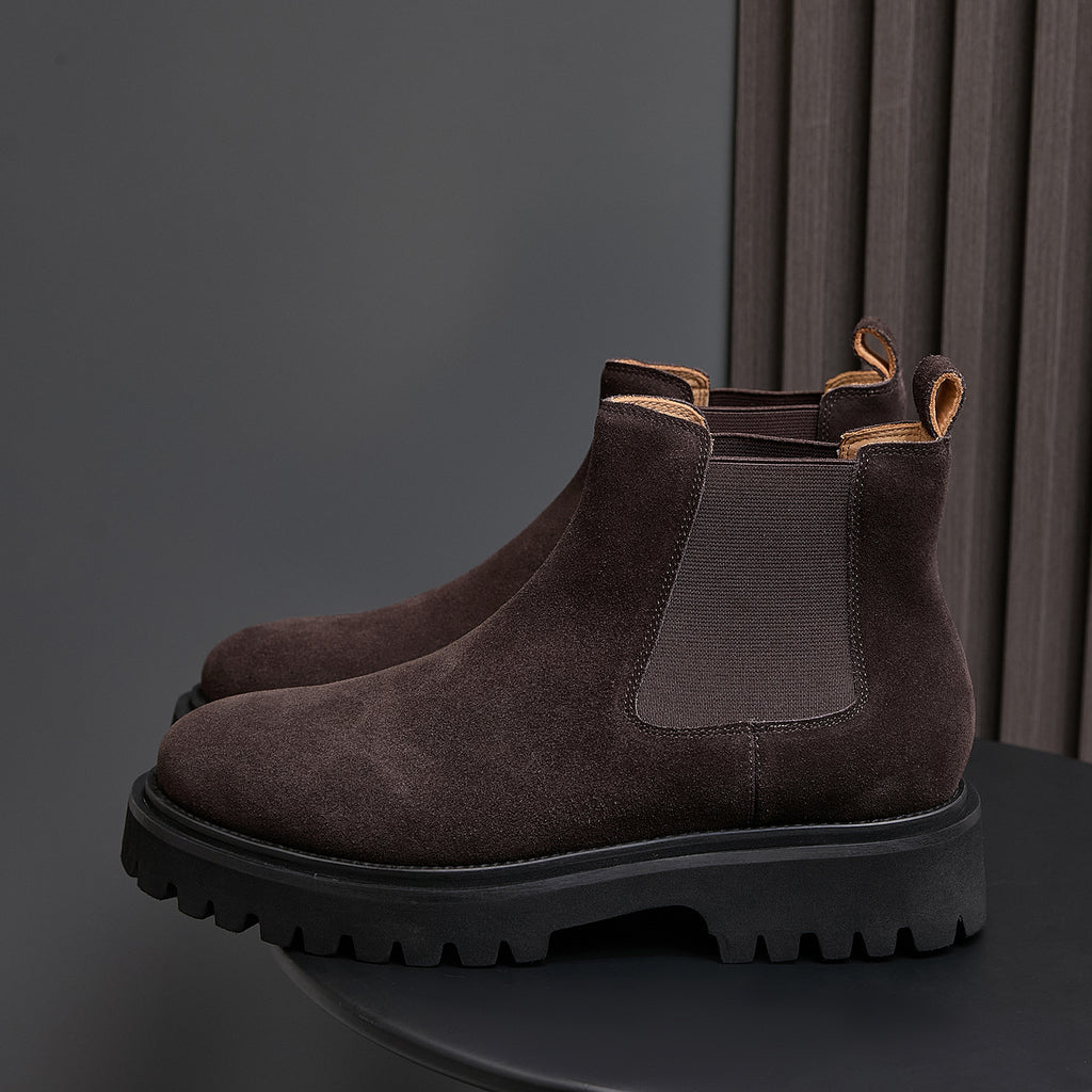 Round Plain Toe Suede Lug Chelsea Boots for Men