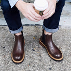Men's dark brown Chelsea dress boots with pointed toe and elastic side panels