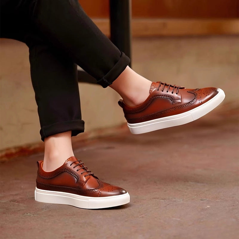 Brown leather sneakers on model, lace-up casual shoes with white sole