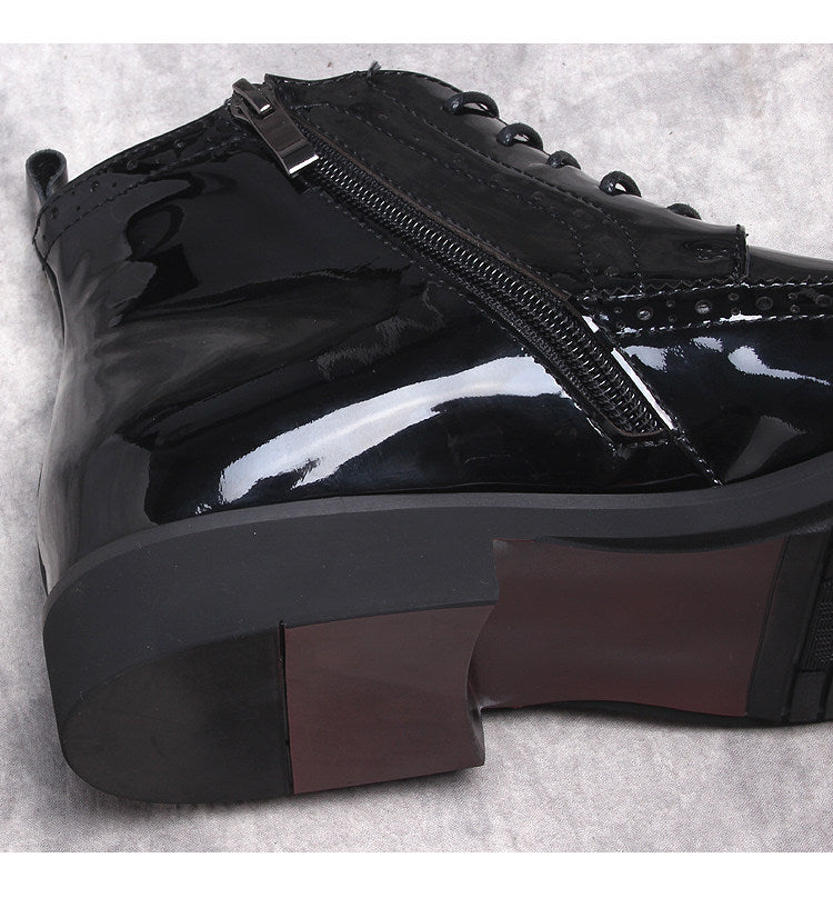 Black patent boot upper with side zipper, lace-up front, thick sole