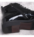 Black patent boot upper with side zipper, lace-up front, thick sole