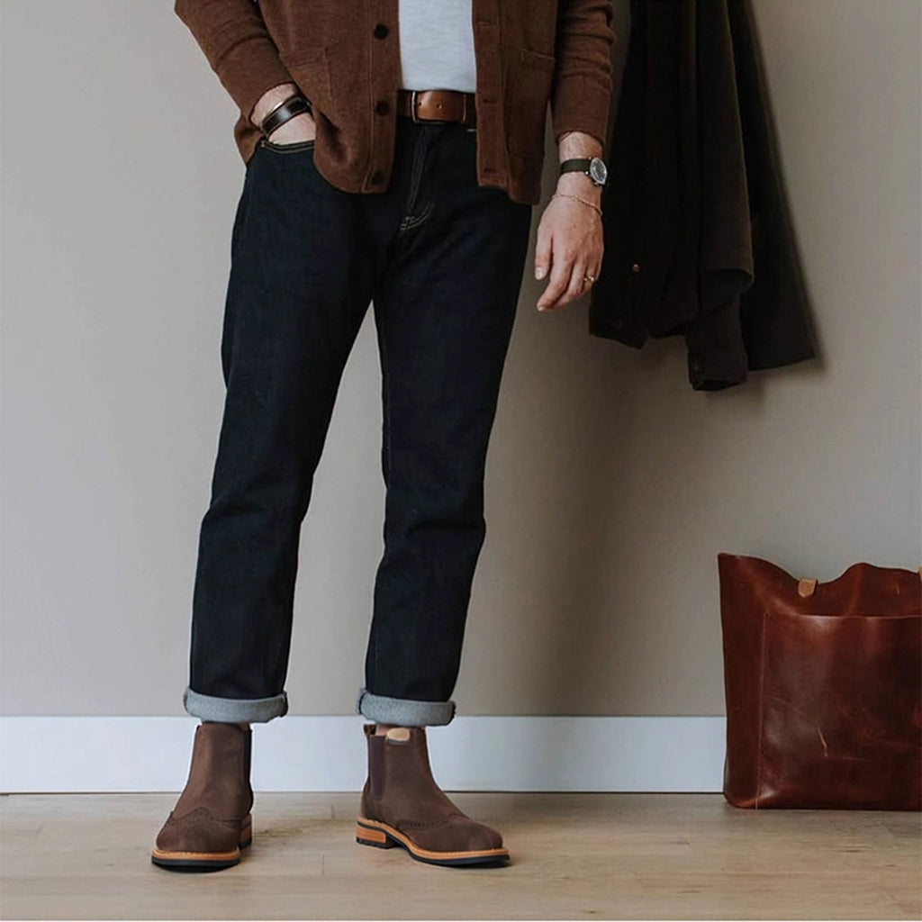 Men's dark brown suede chelsea boots with pointed toe and elastic side panels