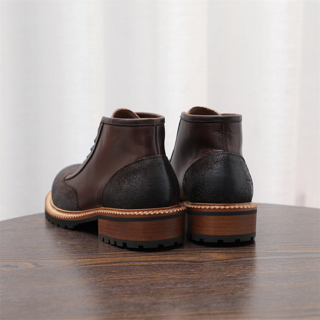 Men's Leather Textured Cap Toe Lug Sole Lace-Up Boots