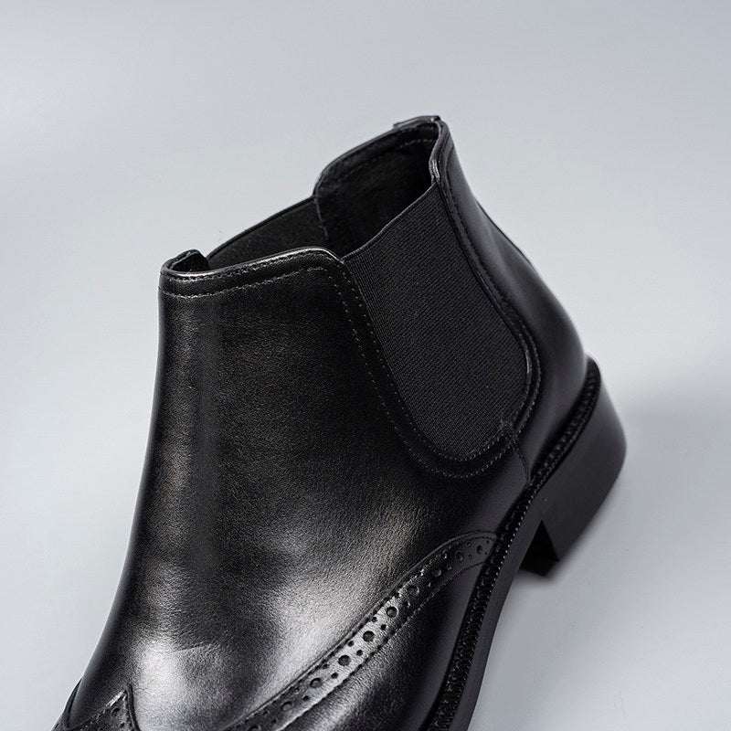 Black genuine leather chelsea dress boot with elastic side gusset and leather upper