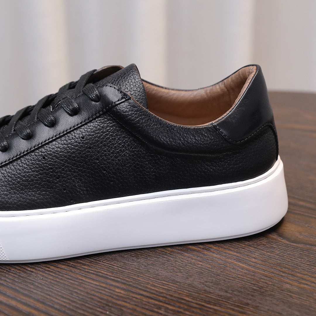 Genuine leather sneakers, black lace-up with padded collar and white sole