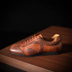 Men's genuine leather lace-up sneakers, brown leather with stitched toe cap and side panel