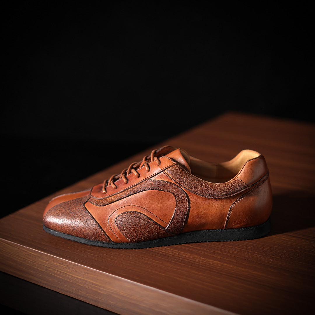 Men's genuine leather lace-up sneakers, brown leather with stitched toe cap and side panel